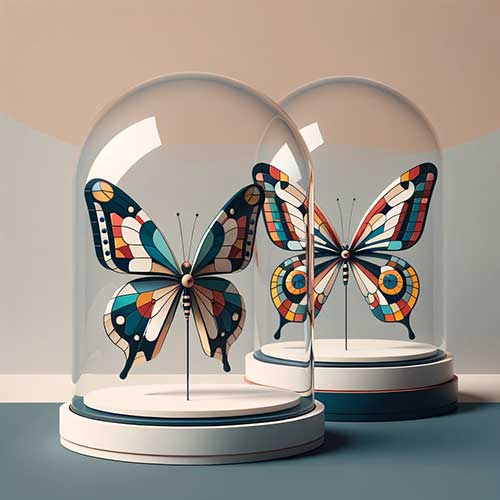 Two butterflies under glass