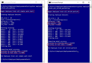 (Left) Model trained with additional data using warm-start has only 70% accuracy. (Right) Model trained with additional data using shrink-perturb has 80% accuracy achieved in half the training epochs.