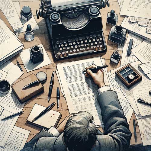 Overhead view of a writer at his desk surrounded by papers and a typewriter.