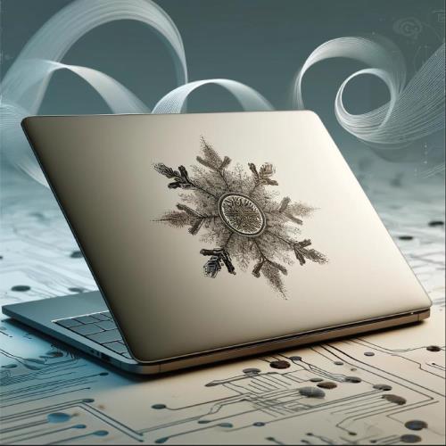 A laptop with a snowflake engraved on it