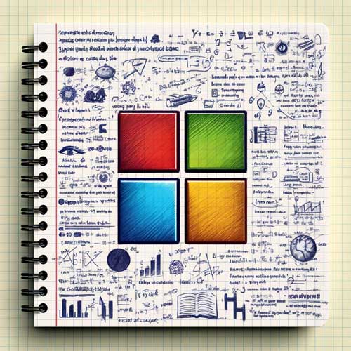 A colored sketch of the Microsoft logo in a notebook full of scribbles