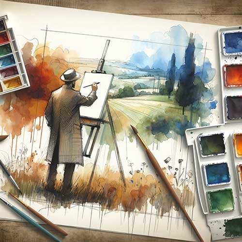 A watercolor depiction of a painter