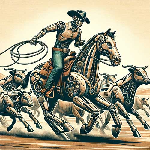 A robot cowboy on horseback