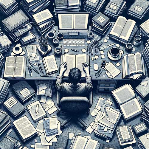 Overhead view of a researcher surrounded by books and journals.