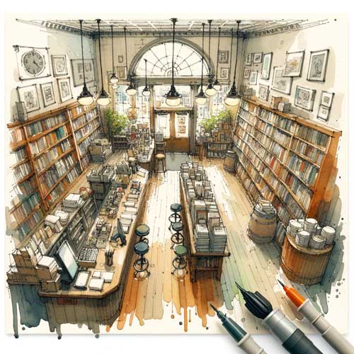 Overhead view inside a bookstore