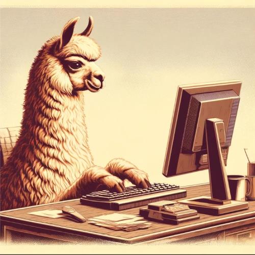 A llama sitting at a computer