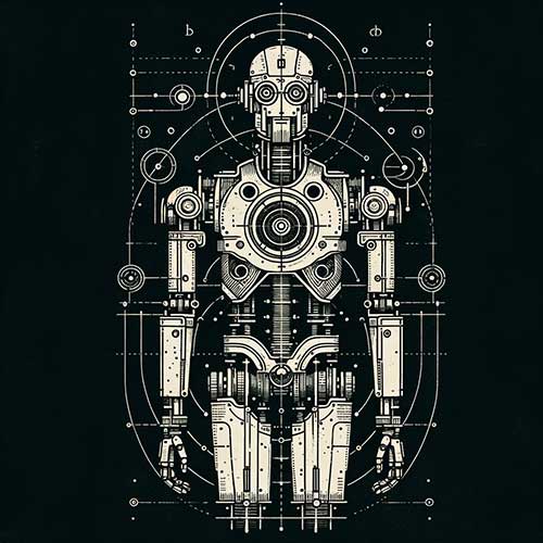 Line diagram of a robot on a dark background