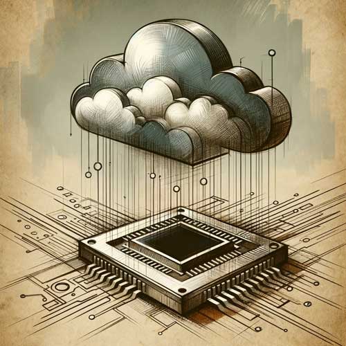 Concept art sketch of a computer chip connected to the cloud.