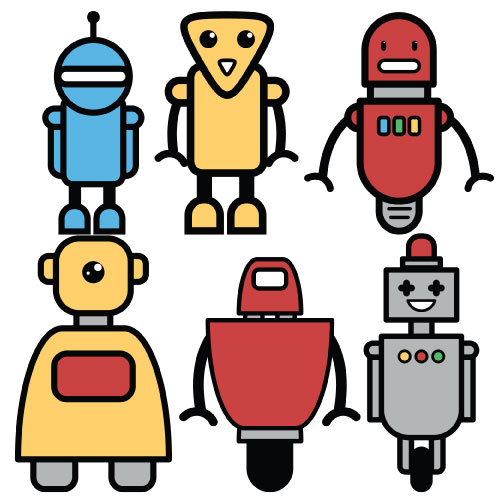 Six colorful robots