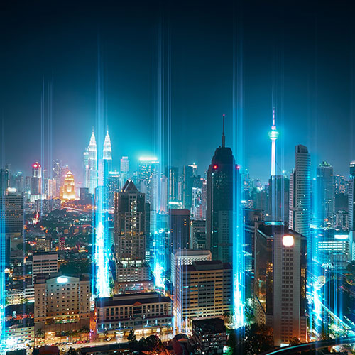 city with blue lights illustration