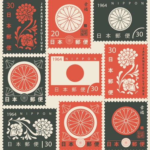 A page of vintage Japanese stamps