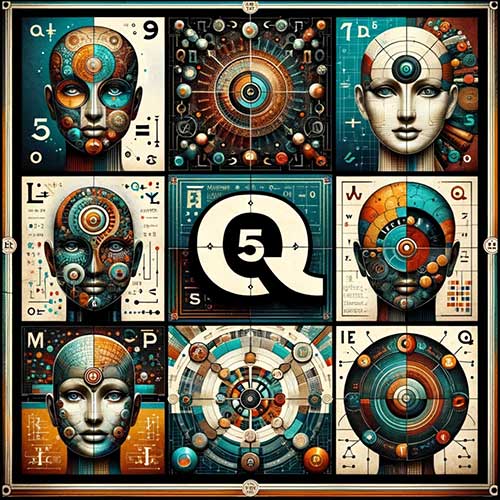 A grid of stylized heads around a box that says "5 Q"
