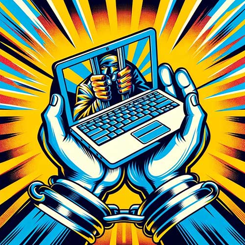 Comic book style picture of handcuffed hands holding a laptop