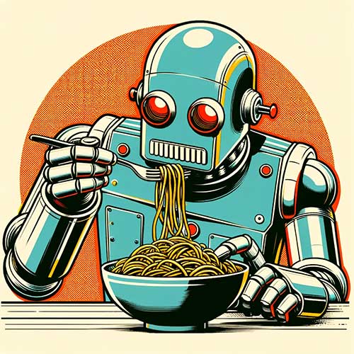 A robot eating a dinner of spaghetti