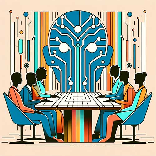 Stylized image of board members sitting around a conference table